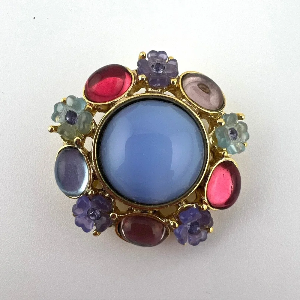 Vintage Floral Cabochon Brooch Pastel Flower Cluster‎ Gold Tone Round Pin